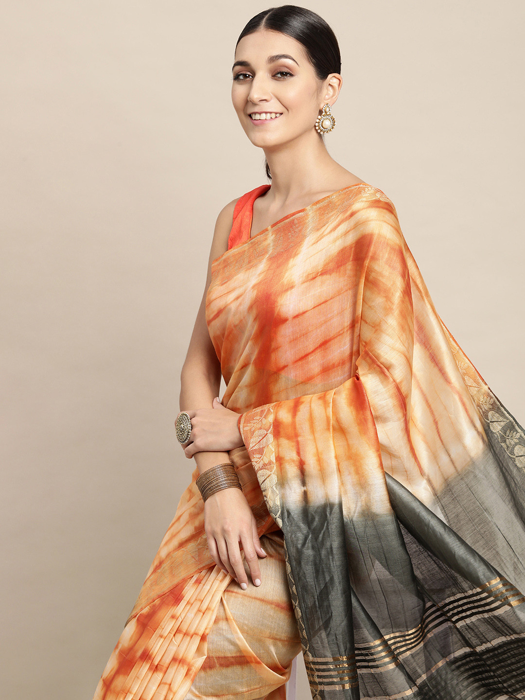 swatika Orange & Black Tie and Dye  Bhagalpuri Saree