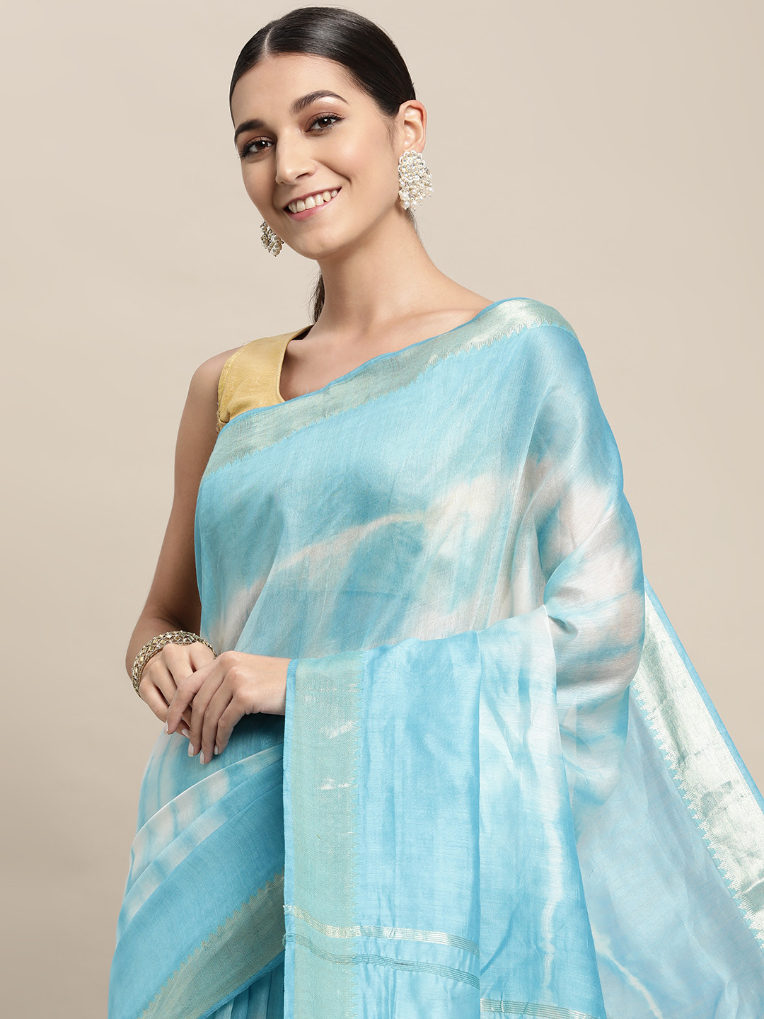 swatika Blue & White Tie and Dye  Bhagalpuri Saree