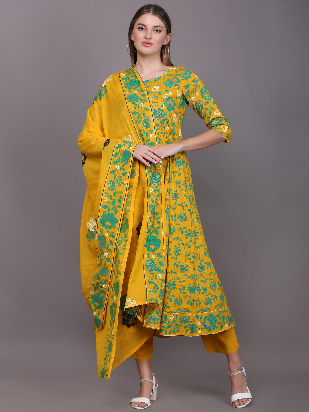 TOULIN Women Mustard Yellow Floral Printed Kurta with Trousers & With Dupatta