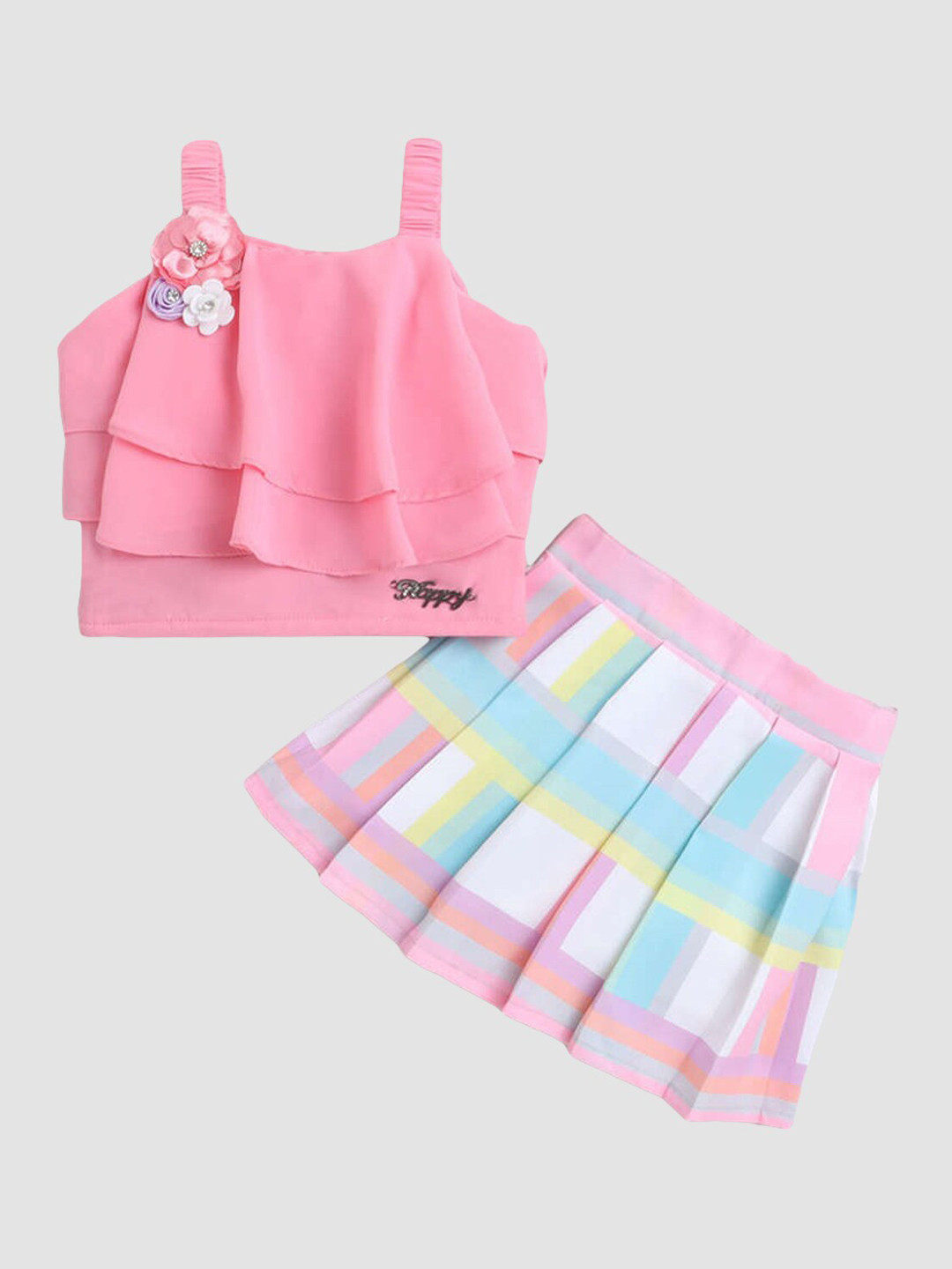 The Magic Wand Girls Pink & Blue Embellished Top with Pleated Skirt