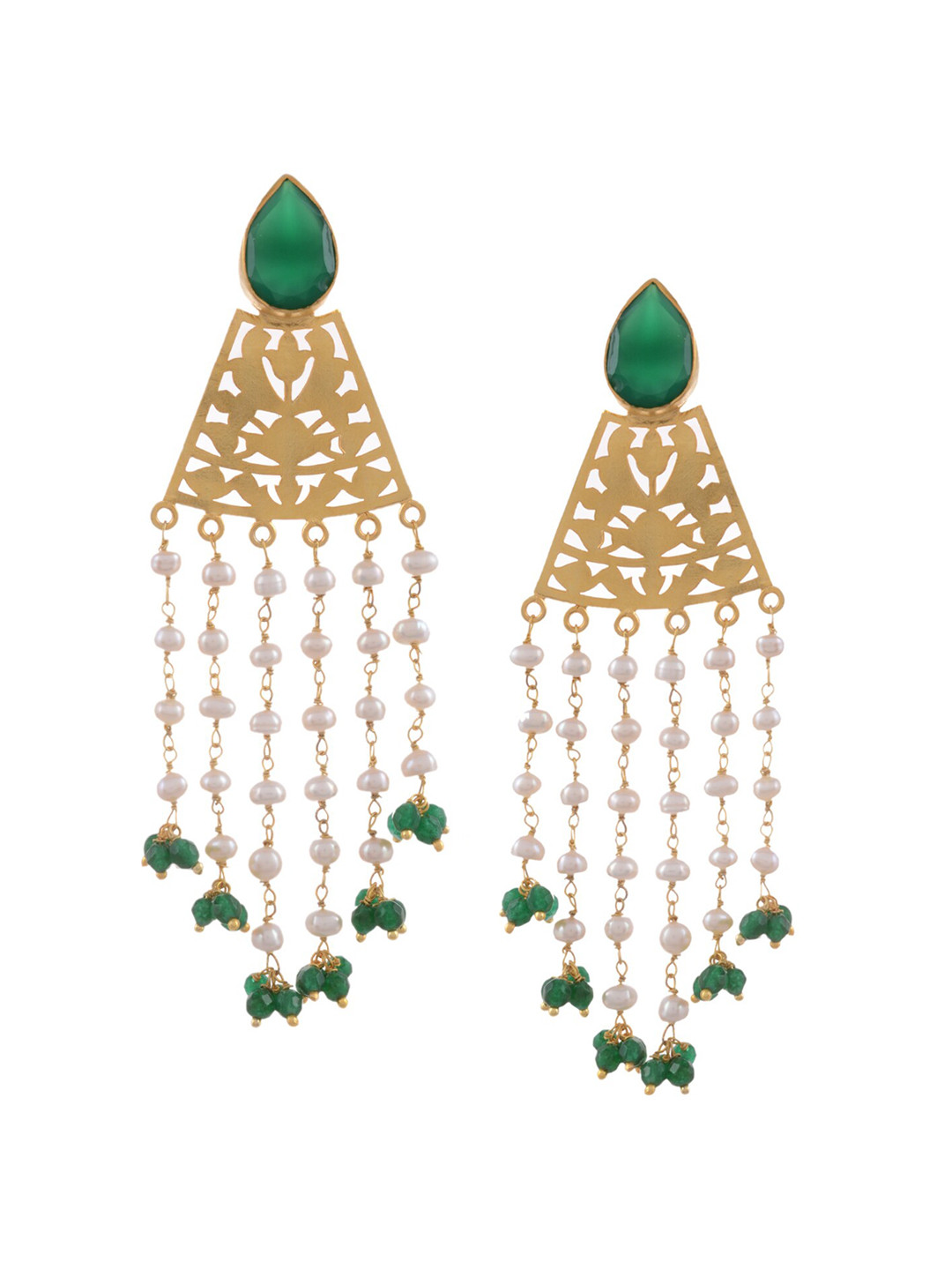 Silvermerc 925 Sterling Silver Gold-Toned & Green pearl Classic Drop Earrings
