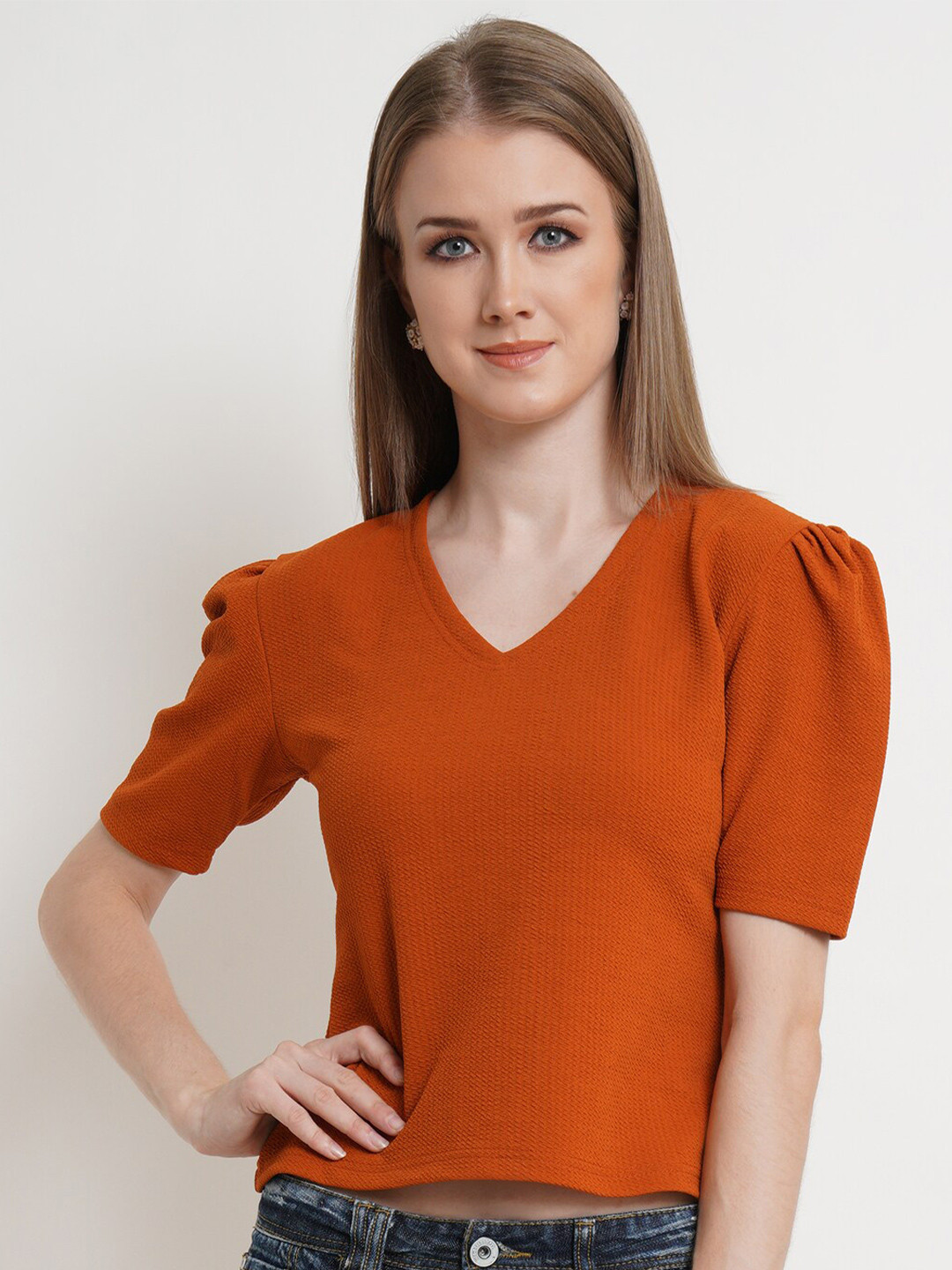 Popwings Rust Solid V Neck Puff Sleeves Crop Top