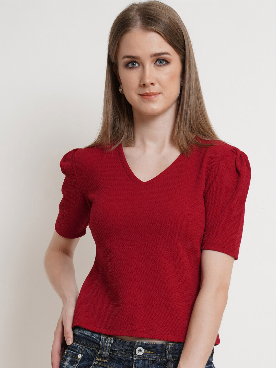Popwings Red Solid Puff Sleeves  Top