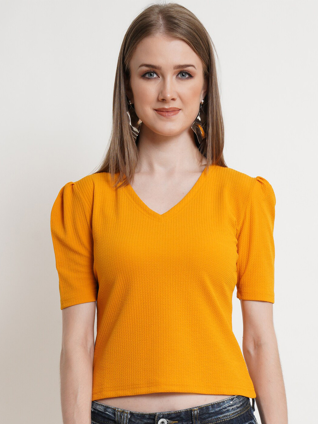 Popwings Women Mustard Yellow Self Design Crop Top