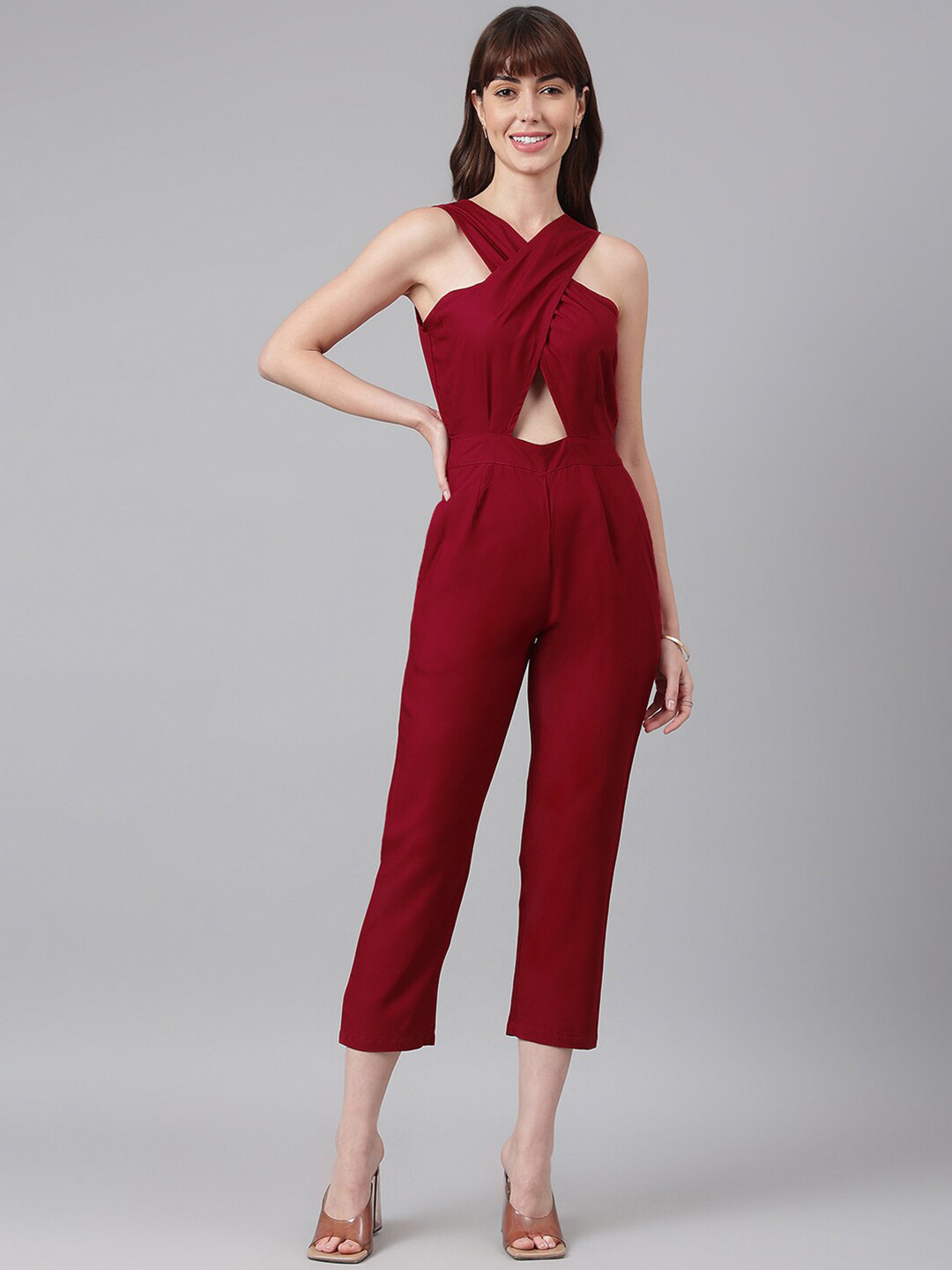 FLAMBOYANT Maroon Halter Neck Culotte Jumpsuit