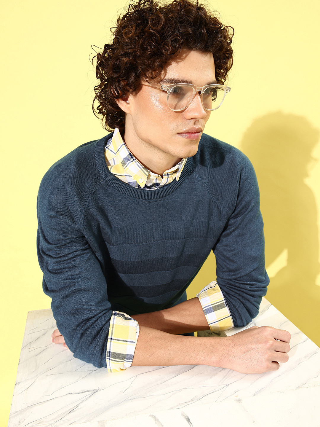 Mast & Harbour Men Blue Striped Round Neck Long Sleeves Pullover Sweaters