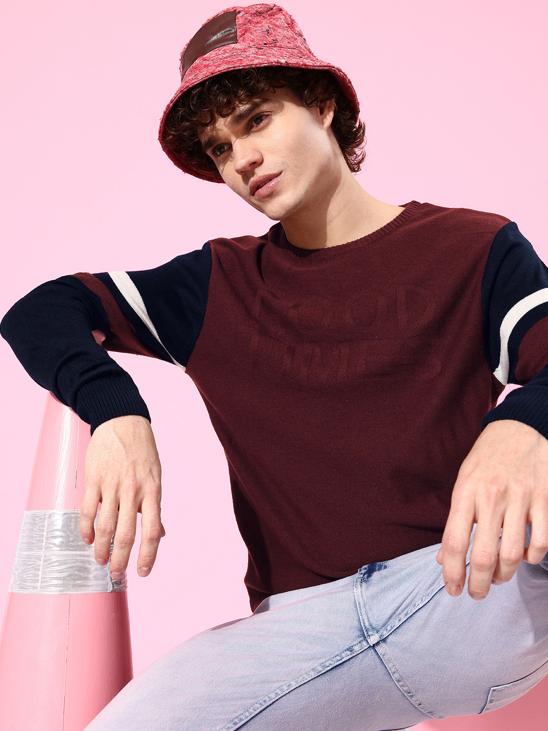 Mast & Harbour Men Burgundy Typography Design Pullover