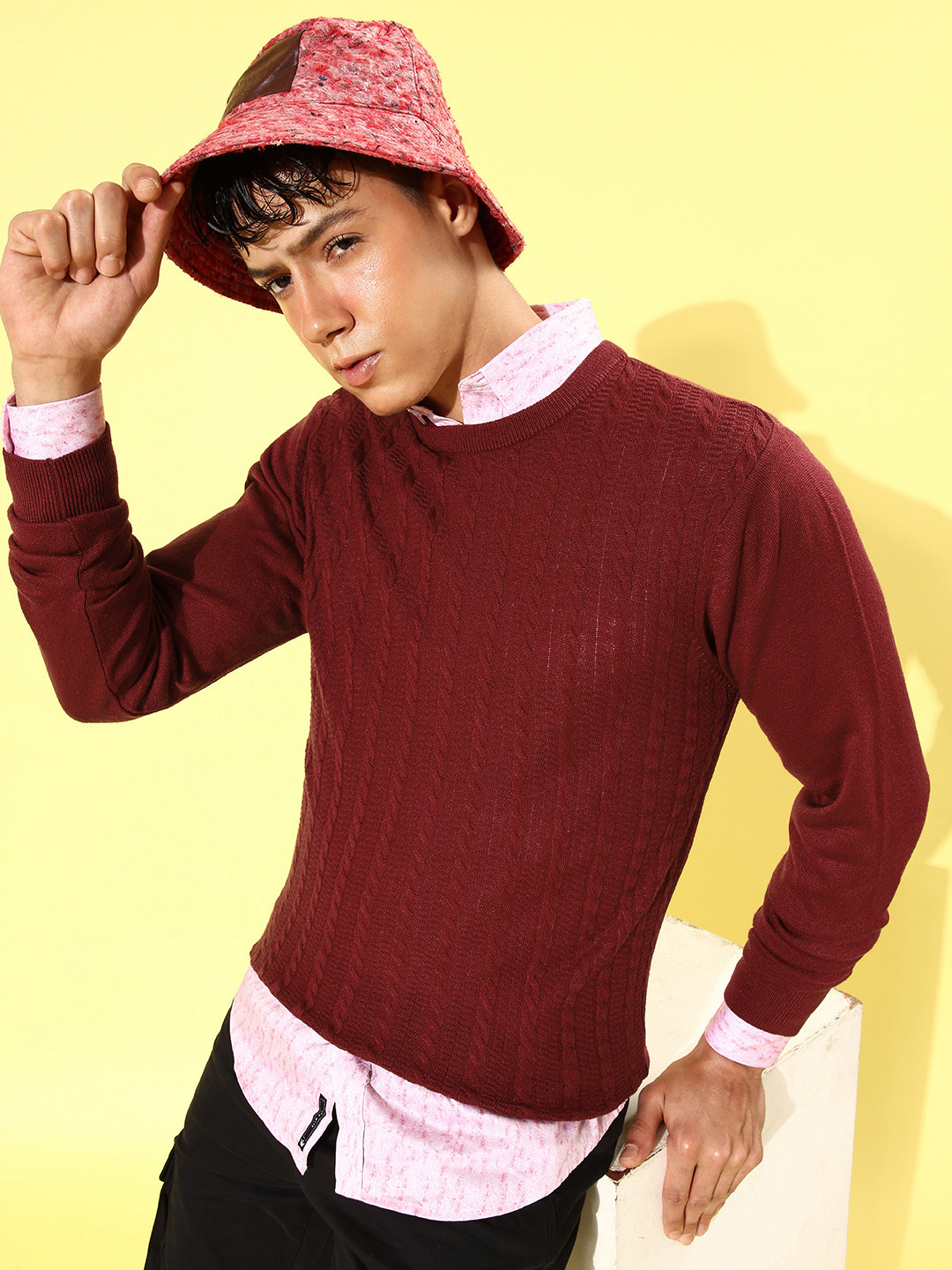 Mast & Harbour Men Maroon Cable Knit Long Sleeves Pullover Sweaters