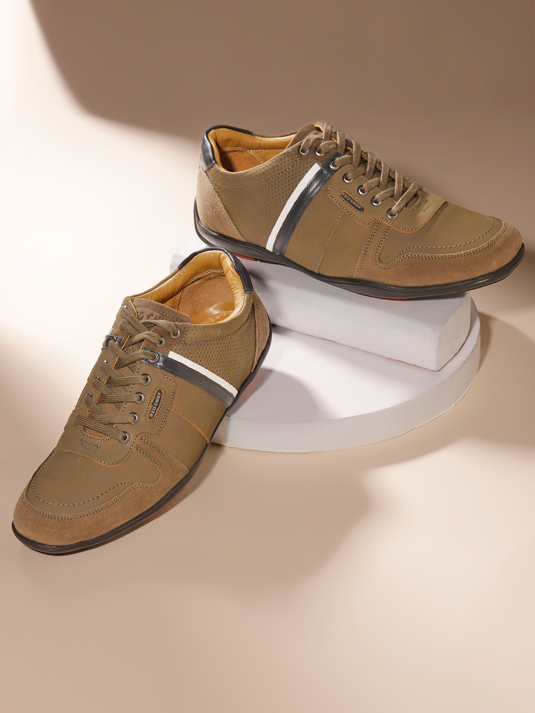 Red Chief Men Olive Green Striped Leather Sneakers