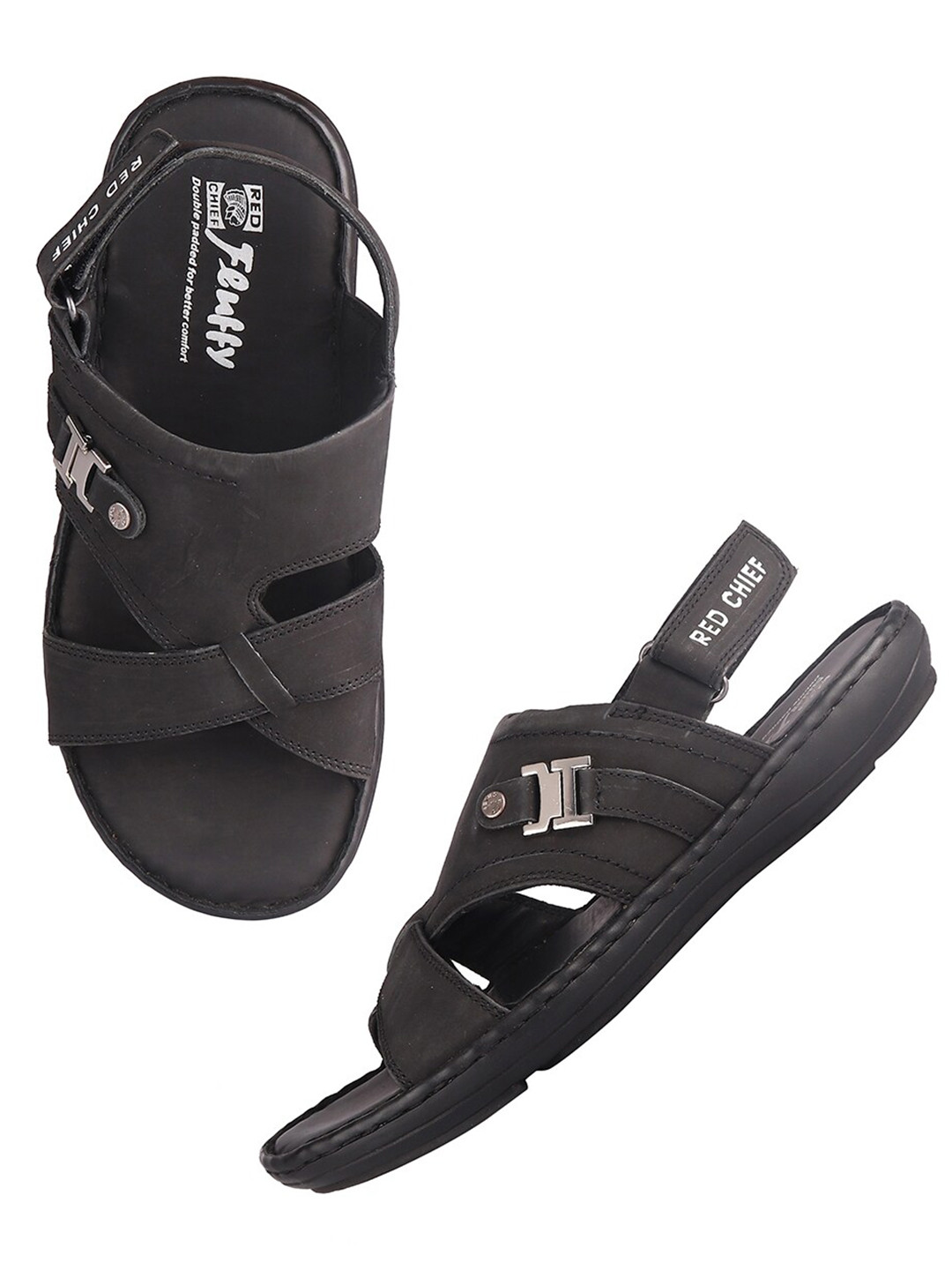 Red Chief Men Black & White Leather Comfort Sandals