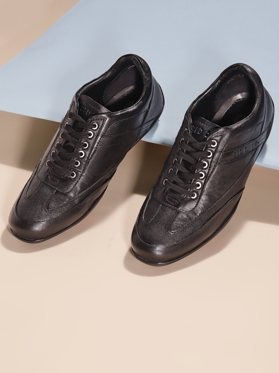 Red Chief Men Black Perforations Leather Sneakers