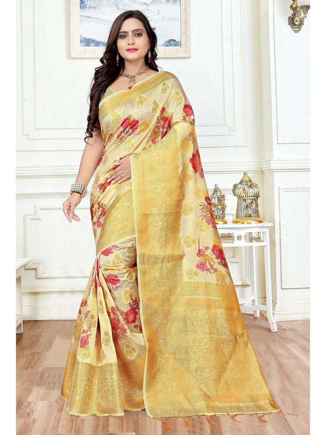 KALINI Women Gold-Toned & Pink Floral Silk Blend Bagh Saree