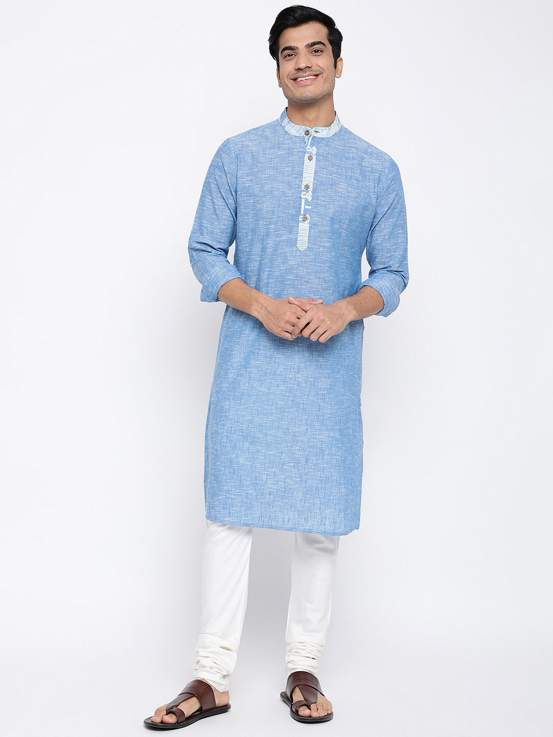 Fabindia Men Blue Solid Band Collar Pure Cotton Kurta