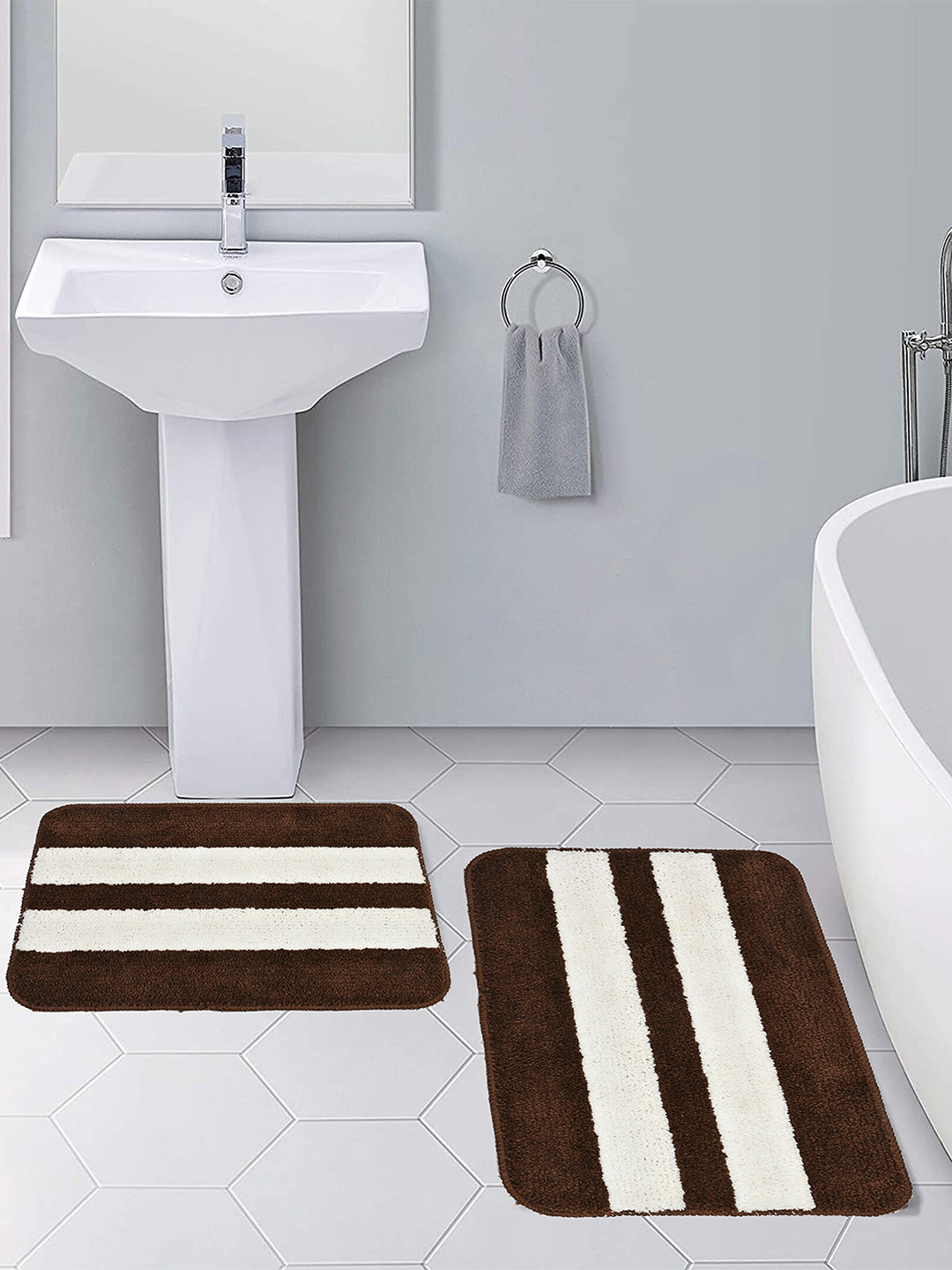 Hammer Home Set Of 2 Brown & White Striped 350 GSM Microfiber Bath Rugs