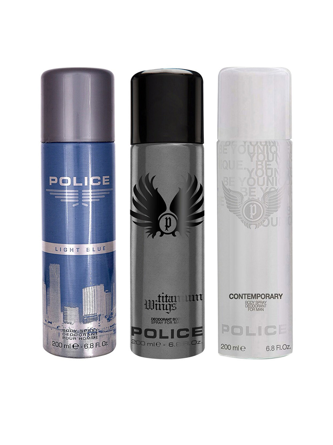 Police Men Set of 3 Deodorants - Light Blue + Wings Titanium + Contemporary - 200ml each