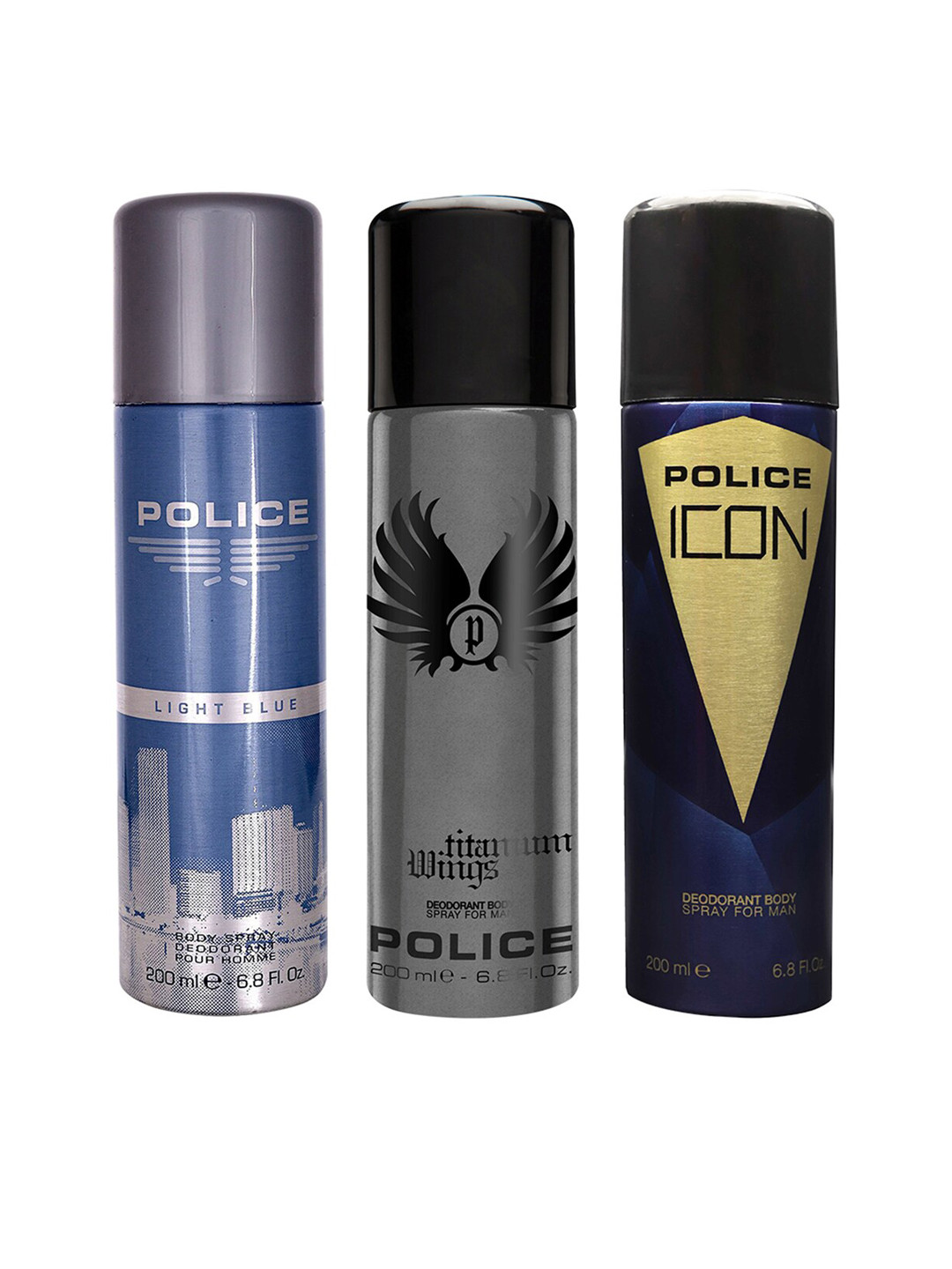 Police Men Set of 3 Deodorants Light Blue, Wings Titanium & Icon - 200ml each