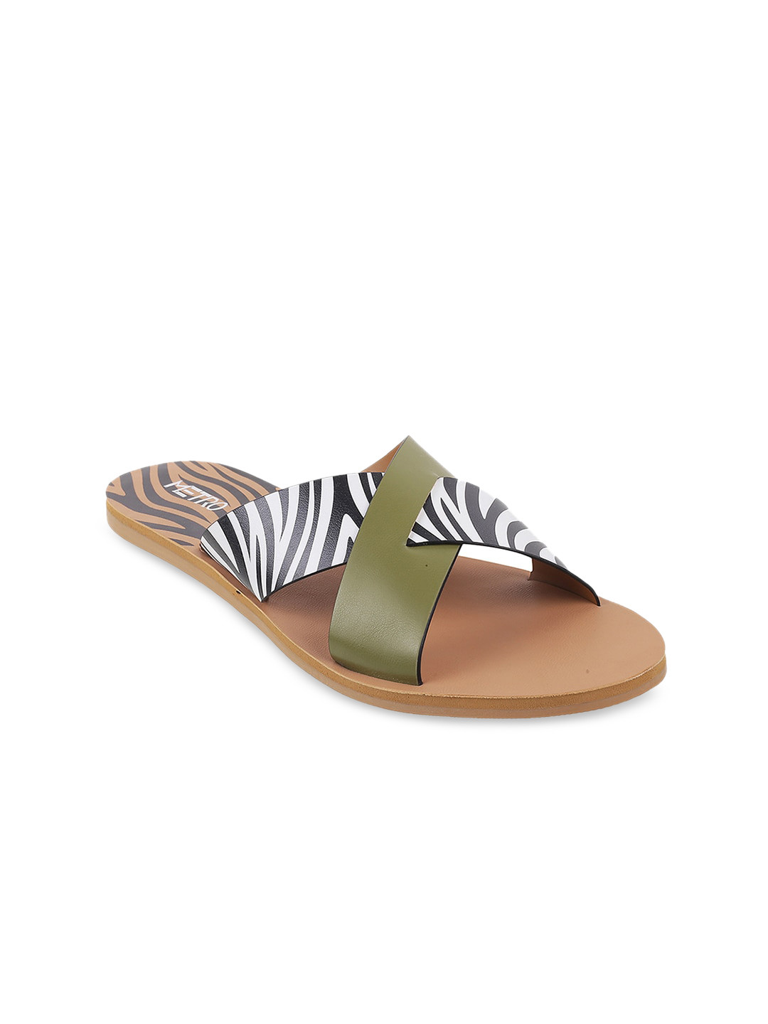 Metro Women Green Printed Open Toe Flats with Laser Cuts