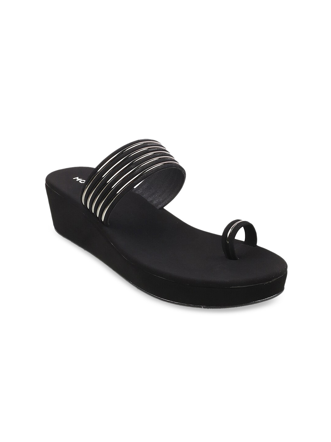 Mochi Black Textured Wedge Sandals