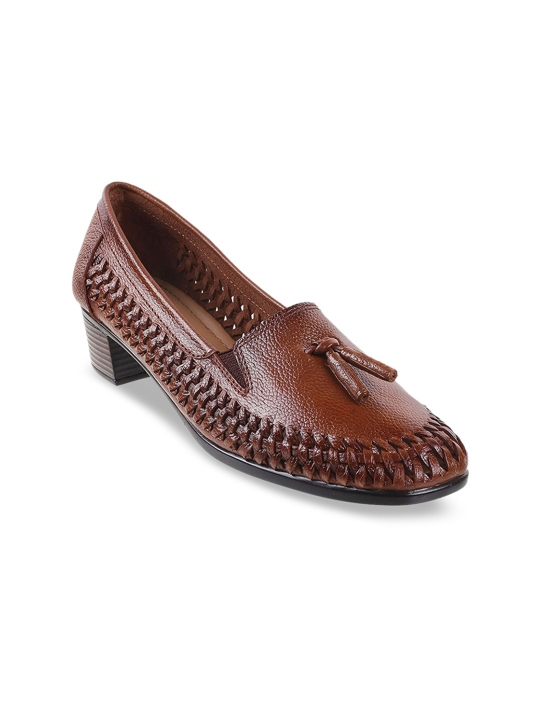 Mochi Rust Leather Block Pumps with Tassels