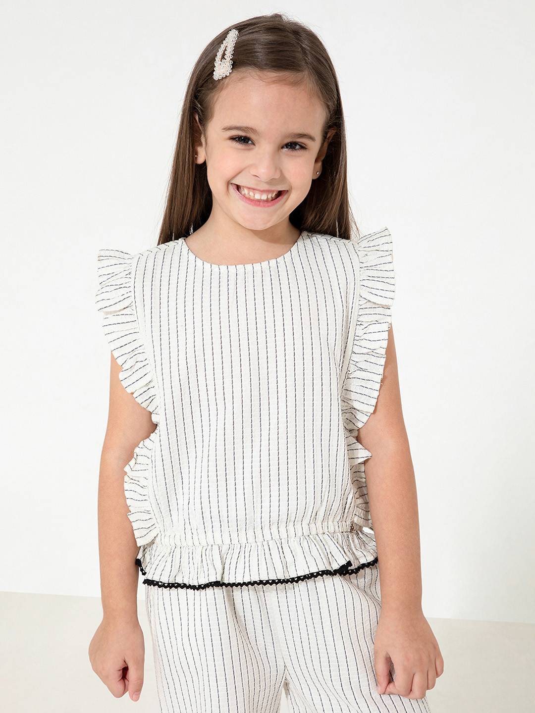 Cherry Crumble Girls Off White & Black Striped Top with Trousers