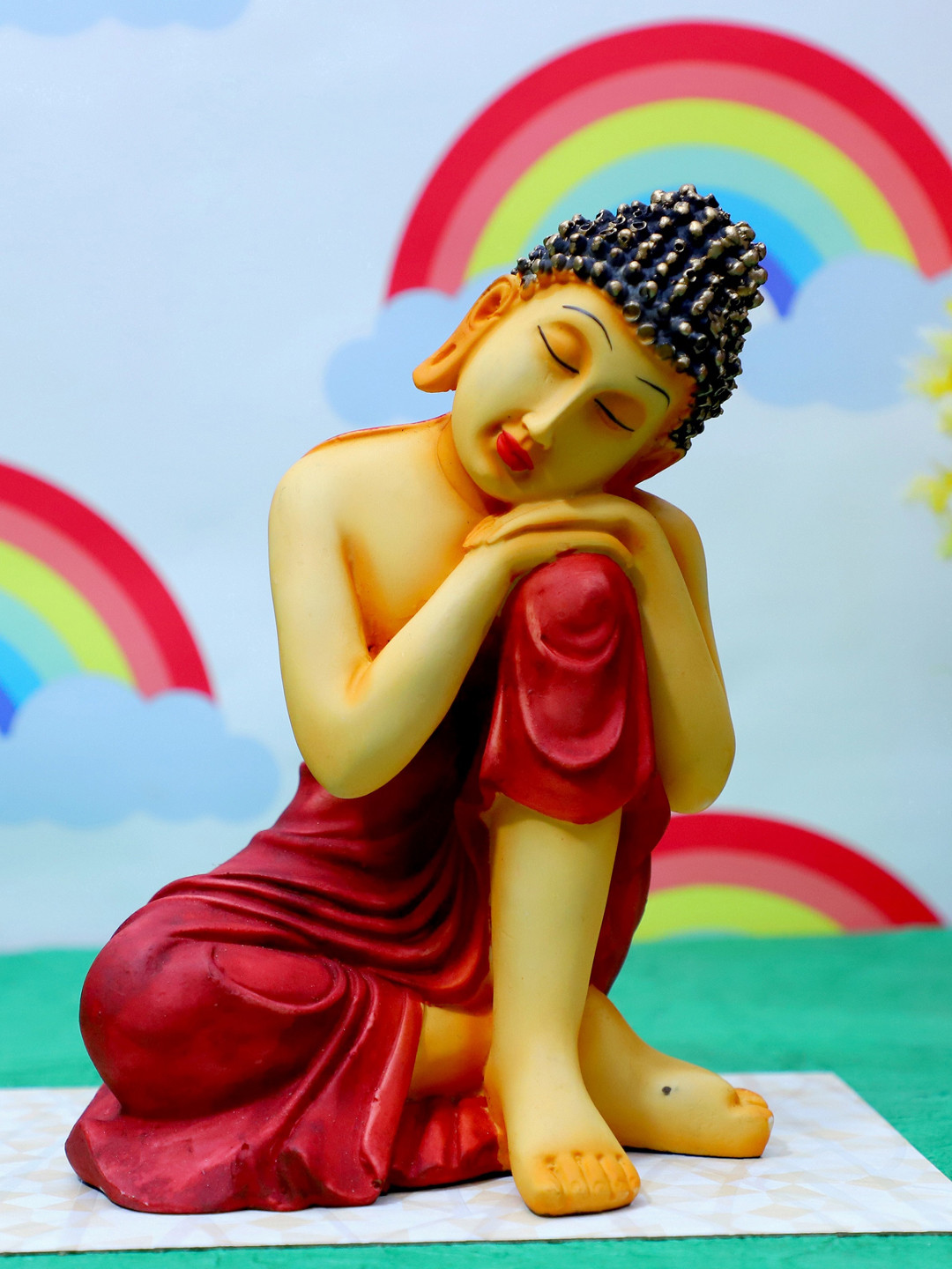 FASHIYANOO Relaxing Position Budha Red Polyresin Matte Living Room Medium Showpiece -