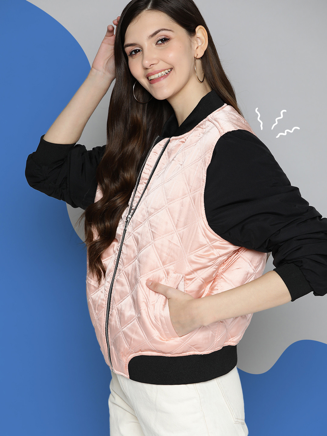 Mast & Harbour Women Dusty Pink & Black Geometric Quilted Jacket