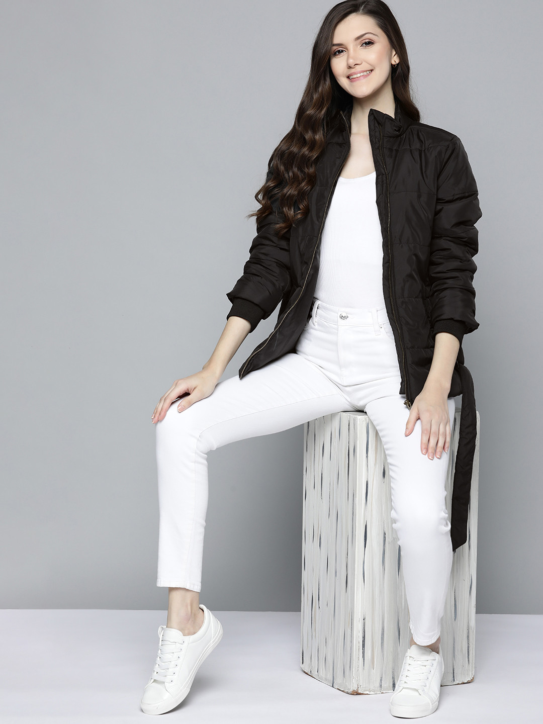 Mast & Harbour Women Black Padded Jacket with Belt