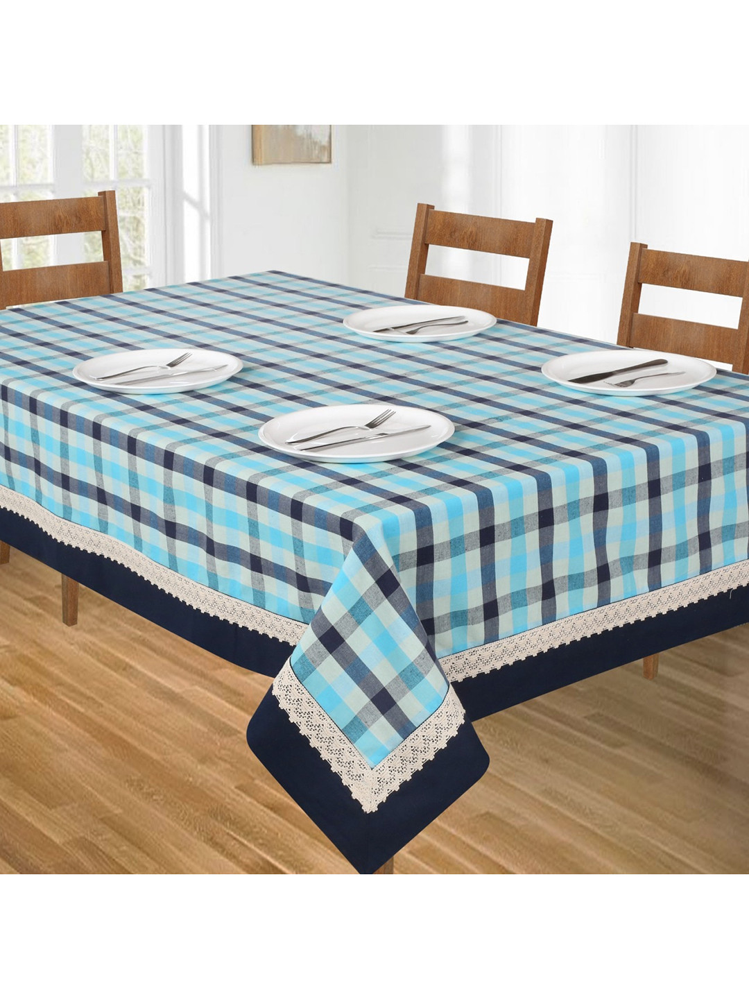 SHADES of LIFE  Navy Blue & White Checked Cotton Table Covers