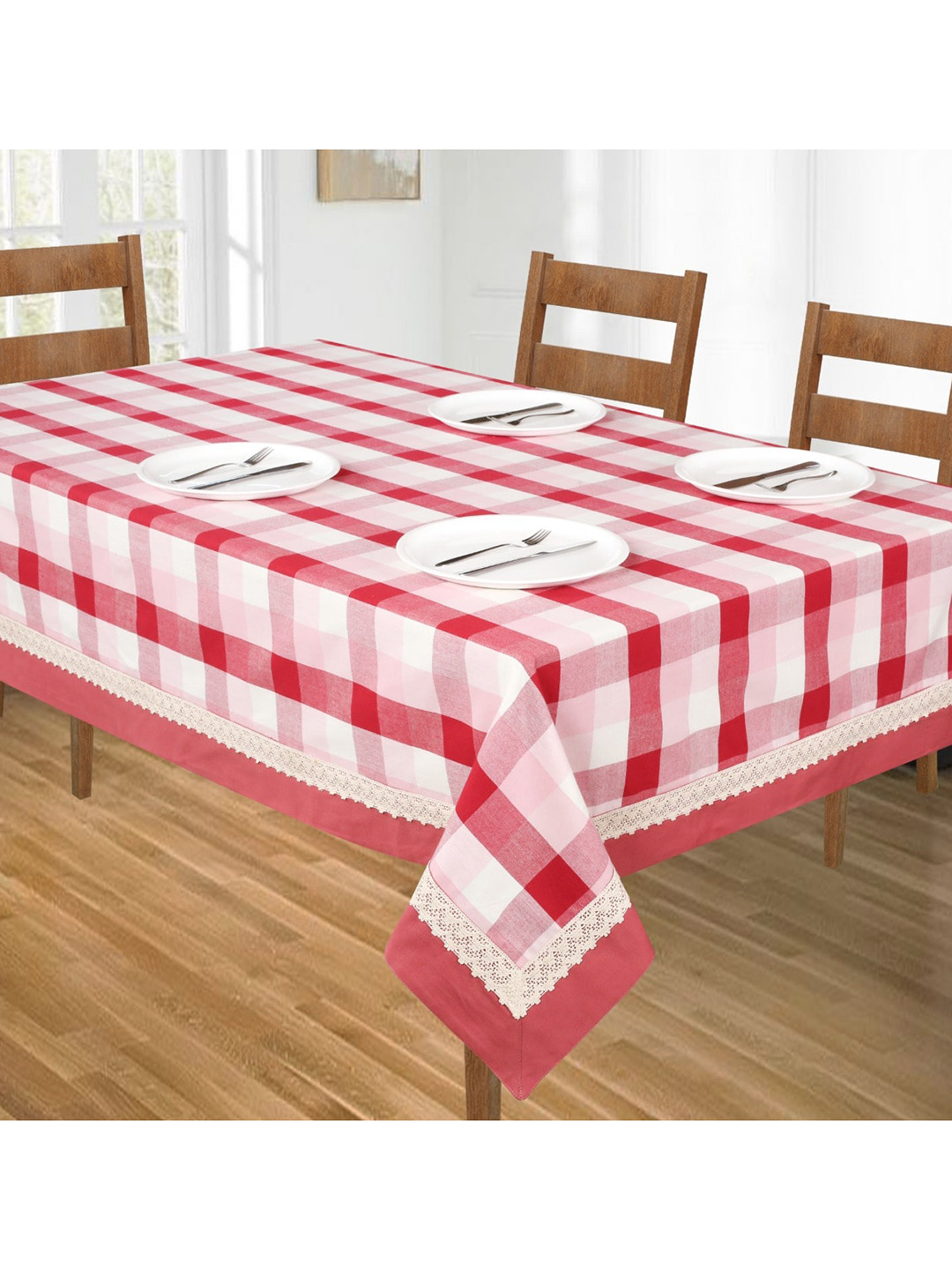 SHADES of LIFE White and Red  Checked Printed 6-Seater Table Covers