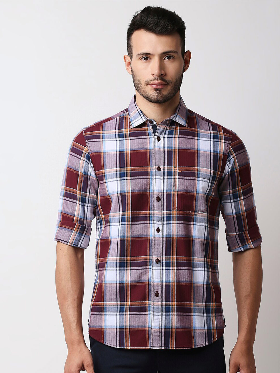 Basics Men Red and White Cotton Slim Fit Tartan Checks Checked Casual Shirt