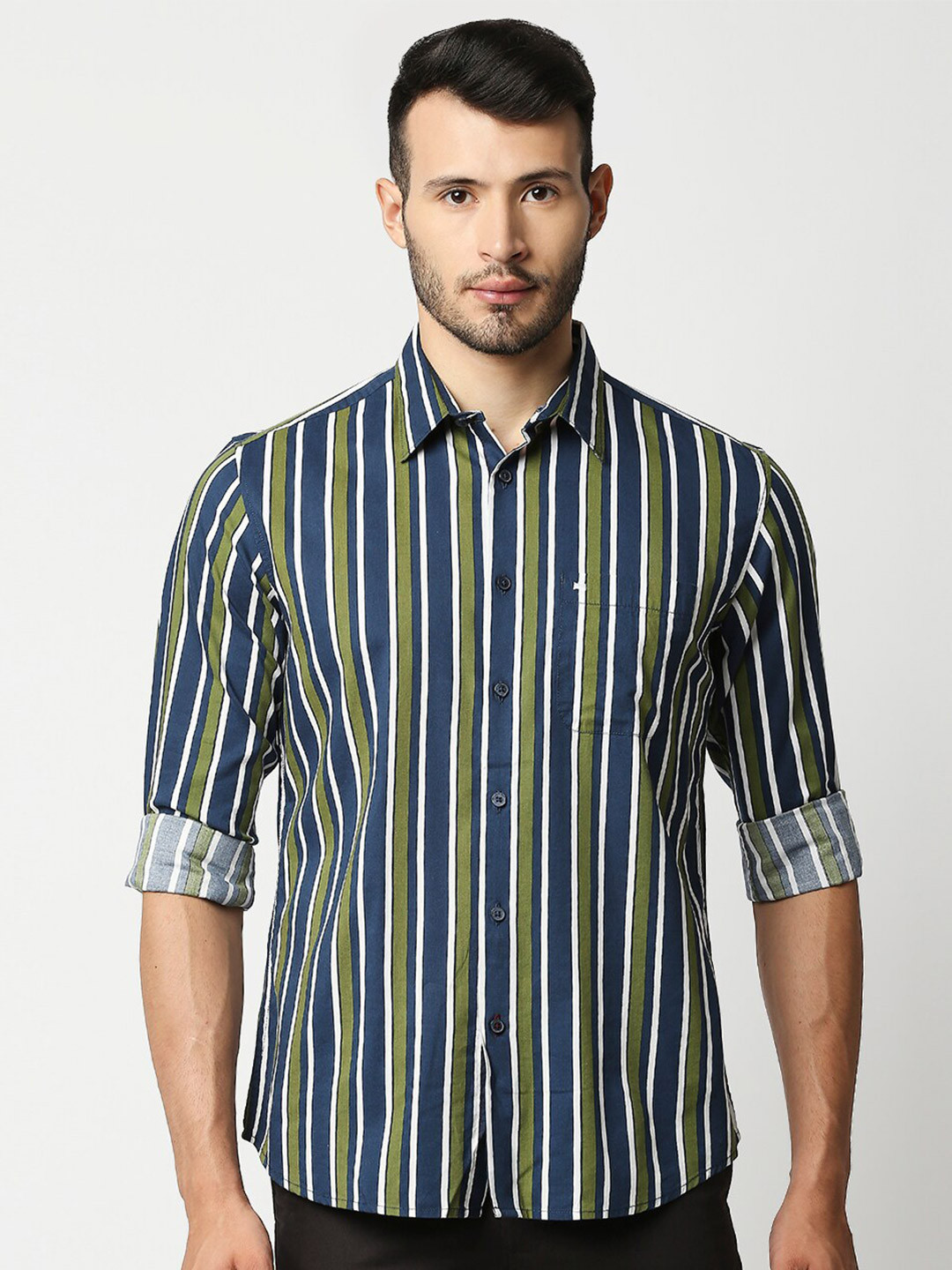 Basics Men Green and Blue Cotton Slim Fit Striped Casual Shirt