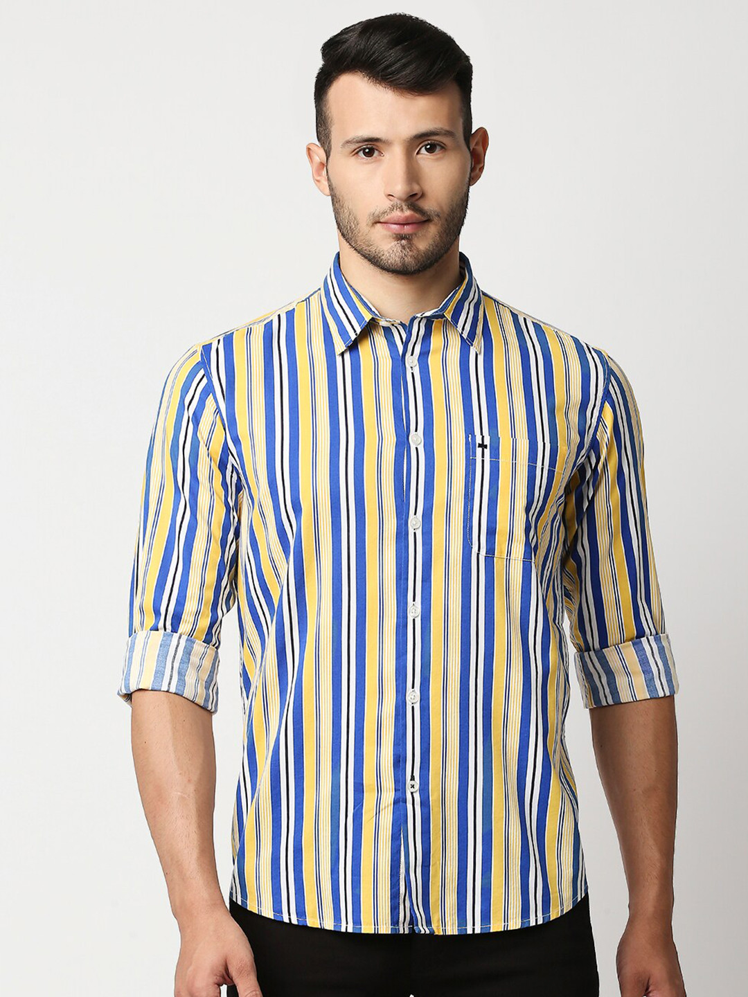 Basics Men Yellow and Blue Cotton Slim Fit Striped Casual Shirt