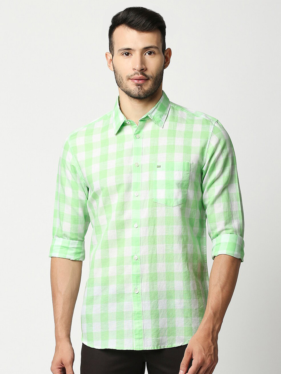 Basics Men Green Slim Fit Buffalo Checks Checked Casual Shirt