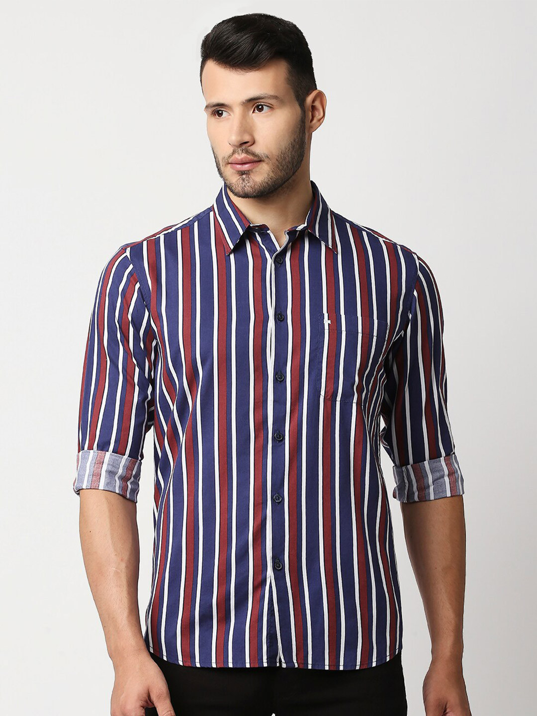 Basics Men Red & Blue Slim Fit Striped Casual Shirt