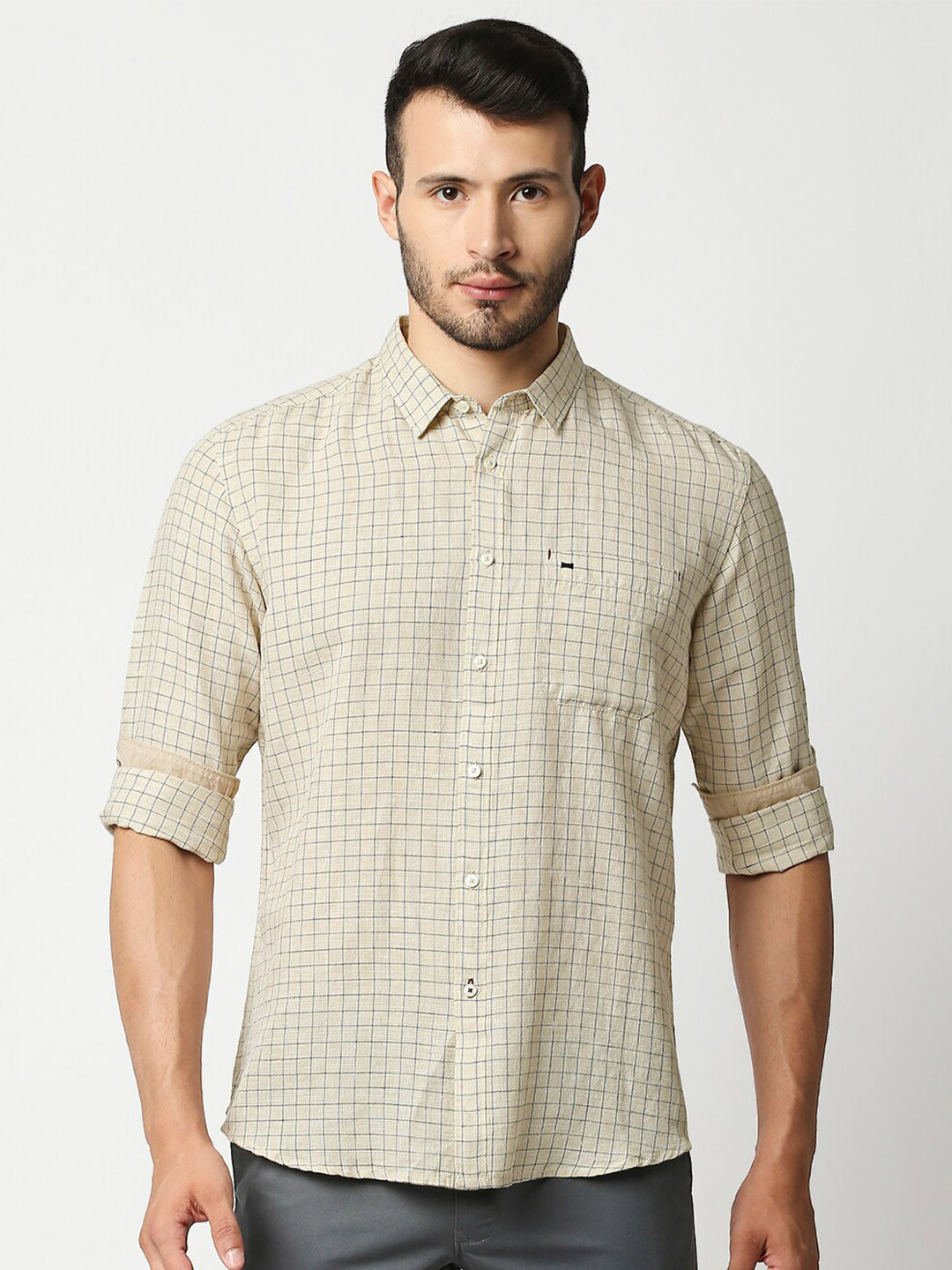 Basics Men Beige Slim Fit Grid Tattersall Checks Checked Casual Shirt