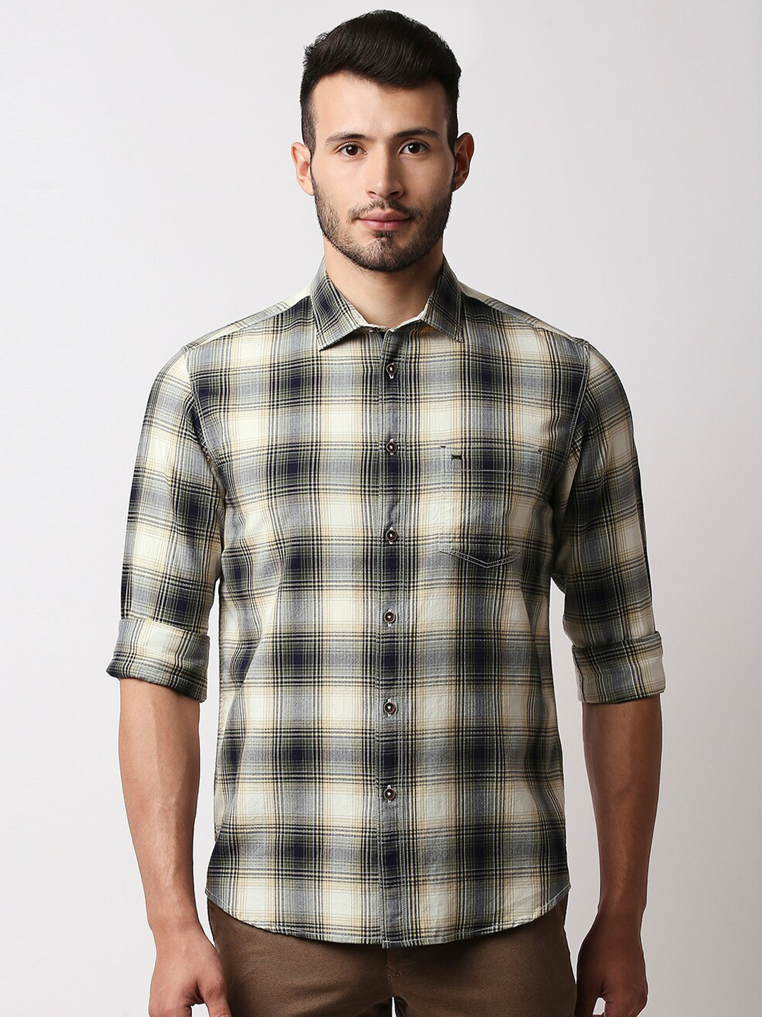 Basics Men Black & Beige Slim Fit Tartan Checks Casual Shirt