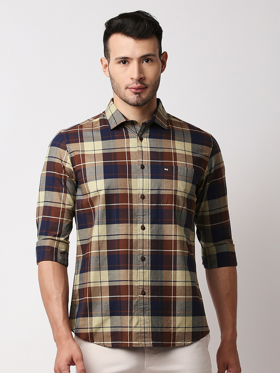 Basics Men Red Slim Fit Tartan Checks Casual Shirt