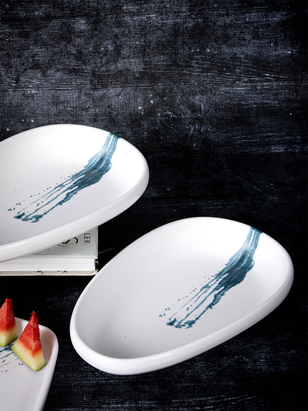 Stehlen White & Blue Set of 2 Printed Dishwash safe Melamine Glossy Bowls 600ml each