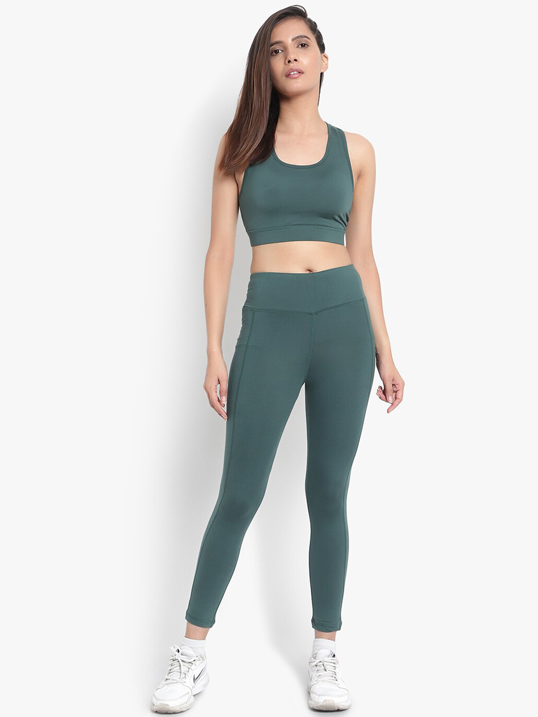 Wearjukebox Women Olive Solid Tights & Sports Bra Co-Ords