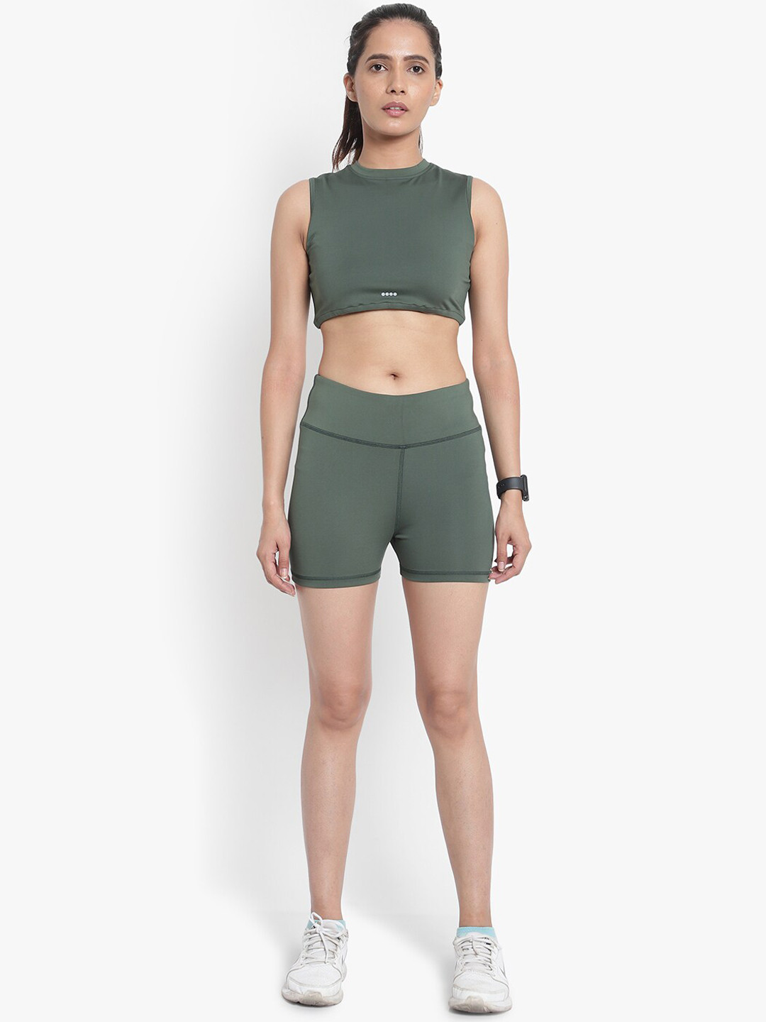 Wearjukebox Women Olive Green Sports Crop Top with Shorts
