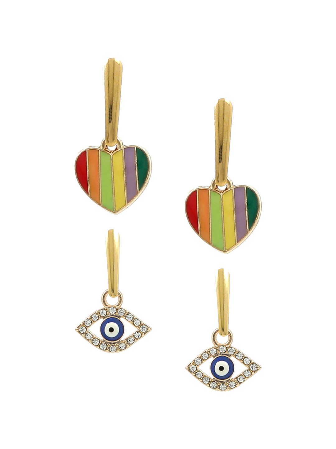 EL REGALO Gold-Toned & Blue Evil Eye & Heart Shaped Drop Earrings Set of 2