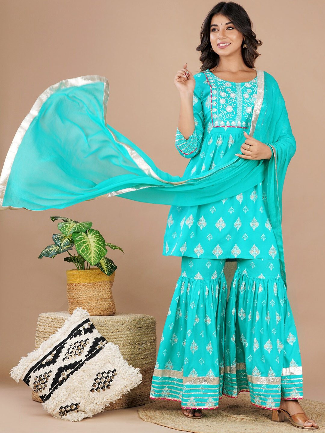 JAIPUR PRIME Women Blue Ethnic Motifs Embroidered Empire Thread Work Kurta with Sharara & With Dupatta