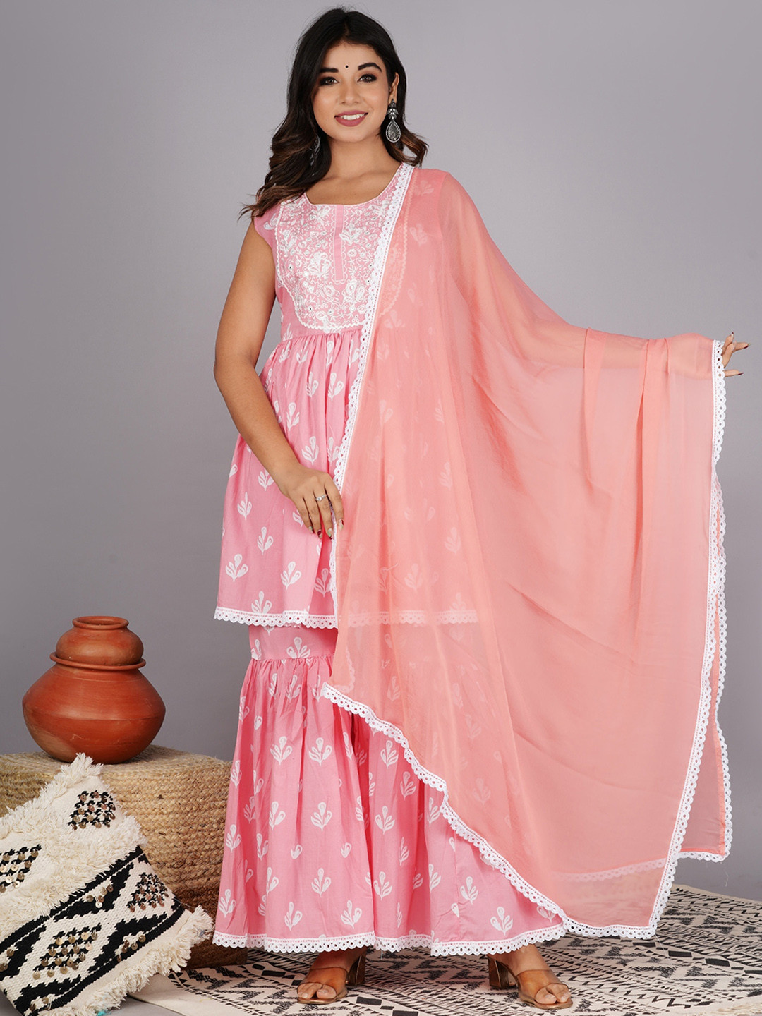 JAIPUR PRIME Women Peach-Coloured Ethnic Motifs Embroidered Thread Work Pure Cotton Kurta with Sharara &