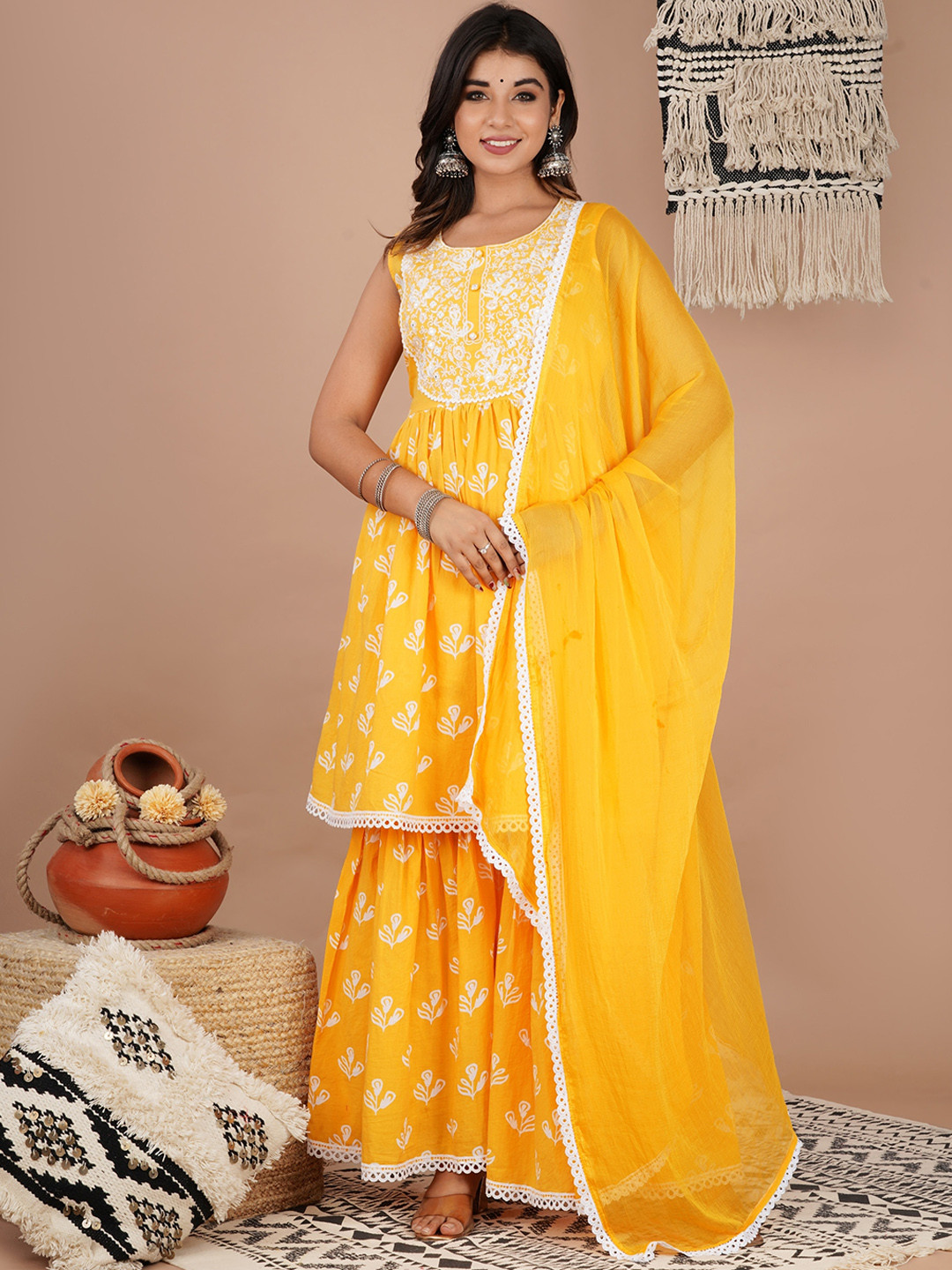 JAIPUR PRIME Women Yellow Ethnic Motifs Printed Thread Work Pure Cotton Kurta with Sharara & With Dupatta