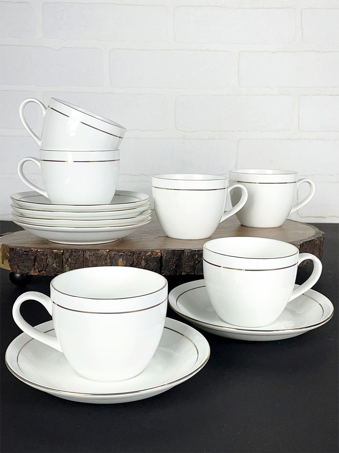 CLAY CRAFT White Set Of 6 Microwave safe Ceramic Cups and Saucers 180ml Each