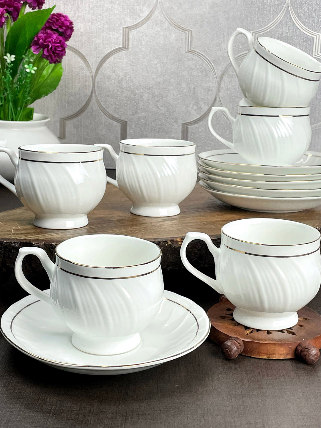 CLAYCRAFT White Set of 6 Dishwasher And Microwave safe Ceramic Cups and Saucers 180ml Each