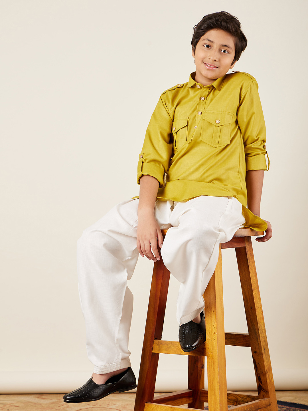 Aj DEZInES Boys Yellow Pure Cotton Pathani Kurta with Salwar