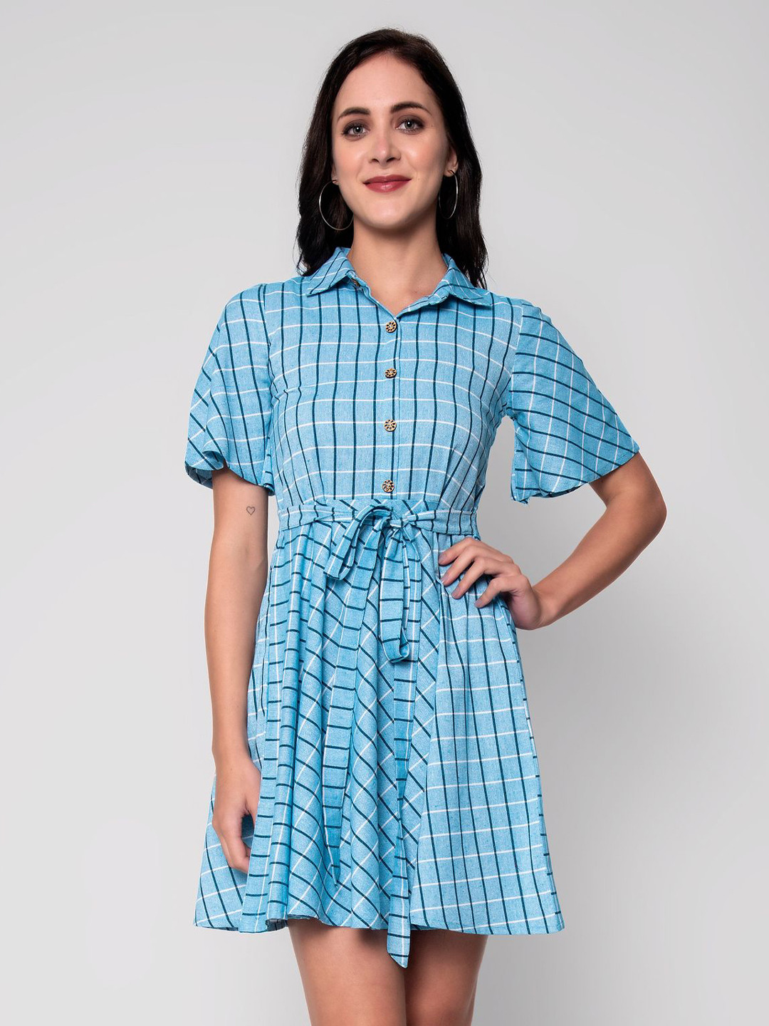 God Bless Blue Checked Shirt Dress