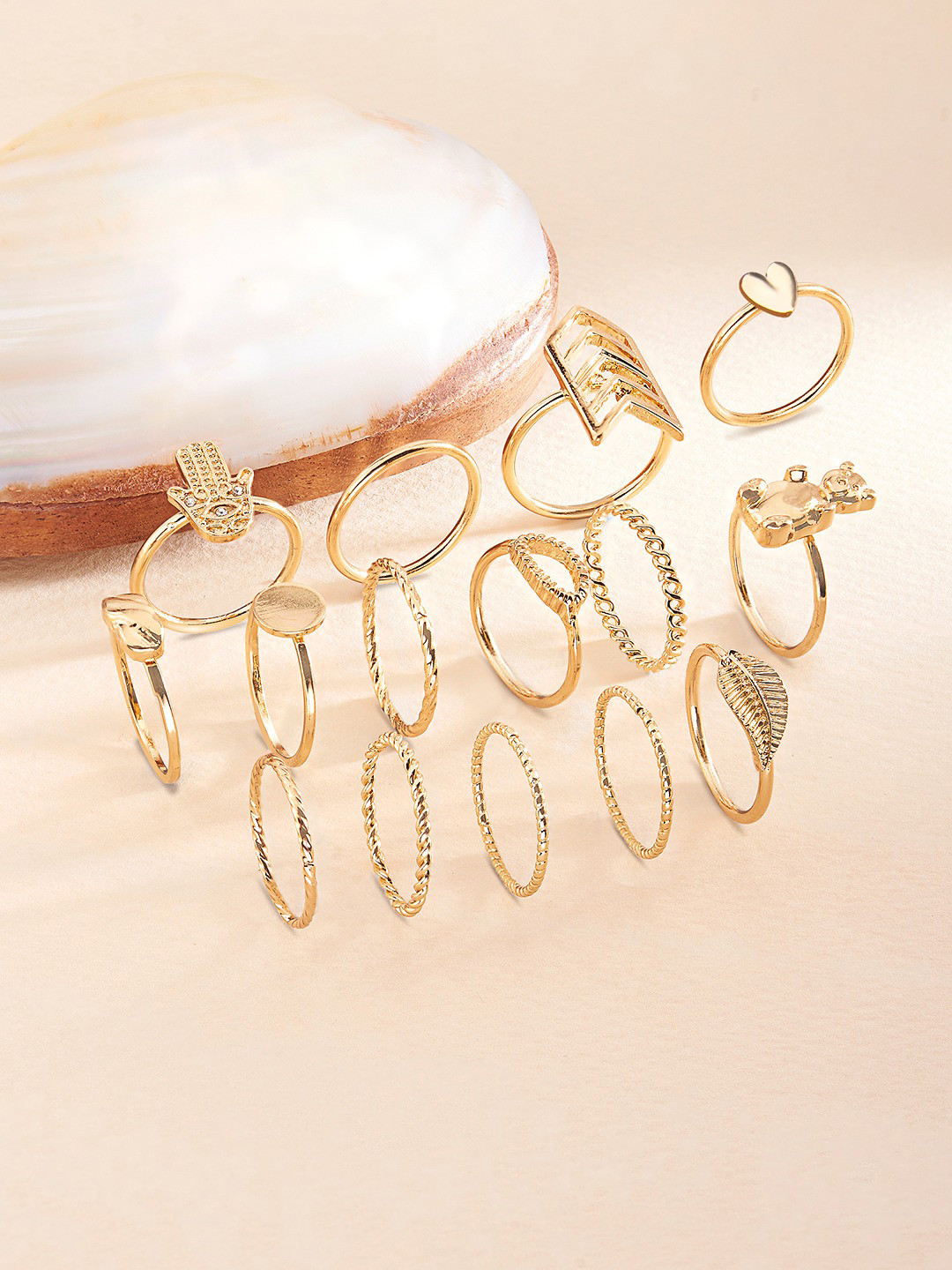 Zaveri Pearls Set of 15 Gold-Plated White Stone Studded Stackable Finger Ring