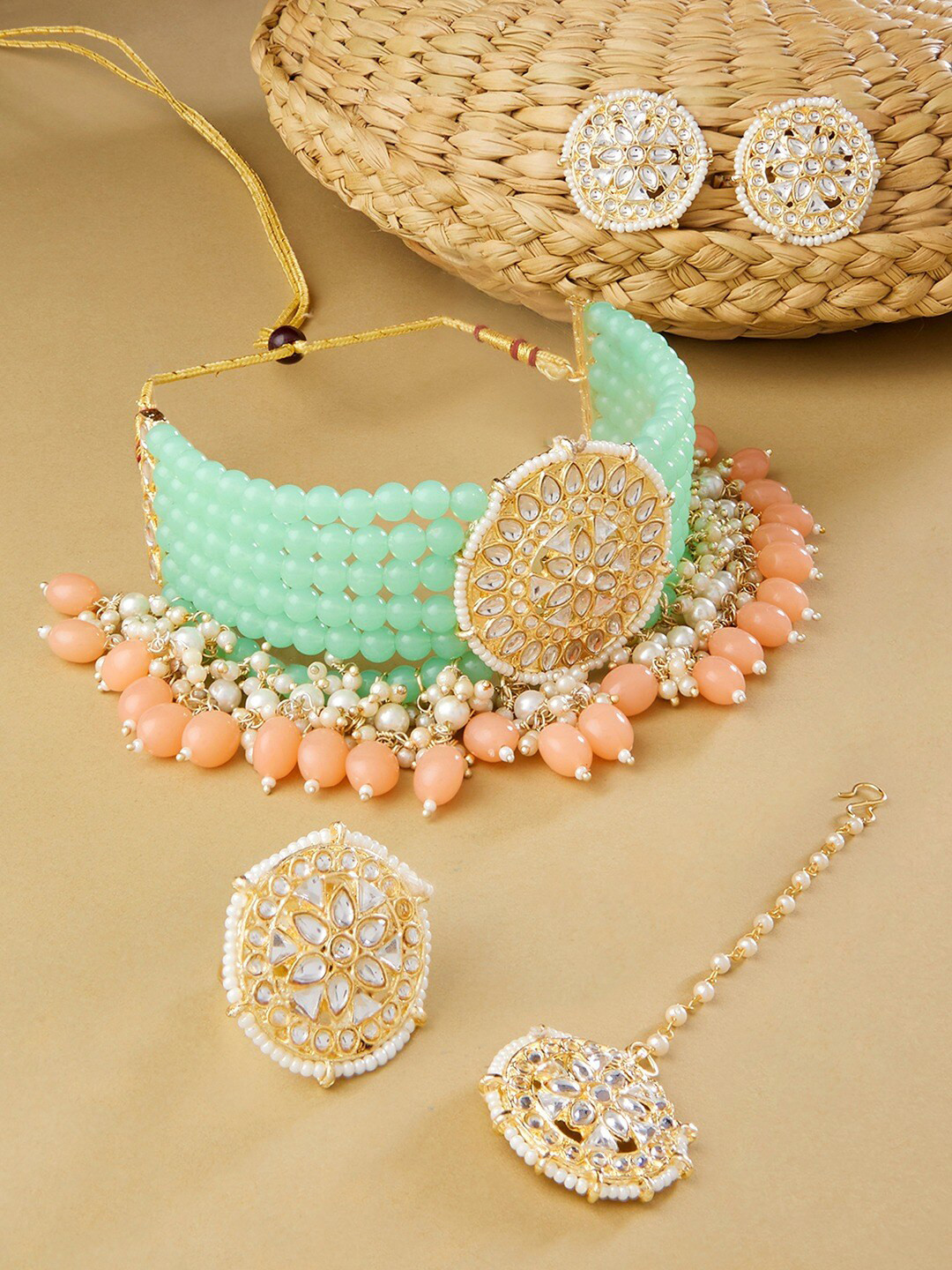 Zaveri Pearls Gold-Plated Green & Peach Beaded and Kundan Studded Jewellery Set